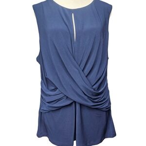 DKNY Navy Blue Draped Crossover Keyhole Sleeveless Blouse XL Womens